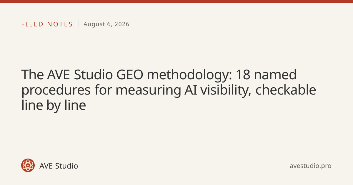 The AVE Studio GEO methodology: 18 named procedures for measuring AI visibility, checkable line by line